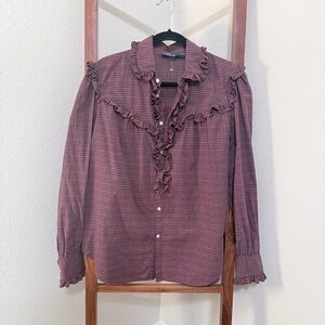 Polo by Ralph Lauren Red and Green Plaid Ruffle Trim Button Up Blouse Size Lg